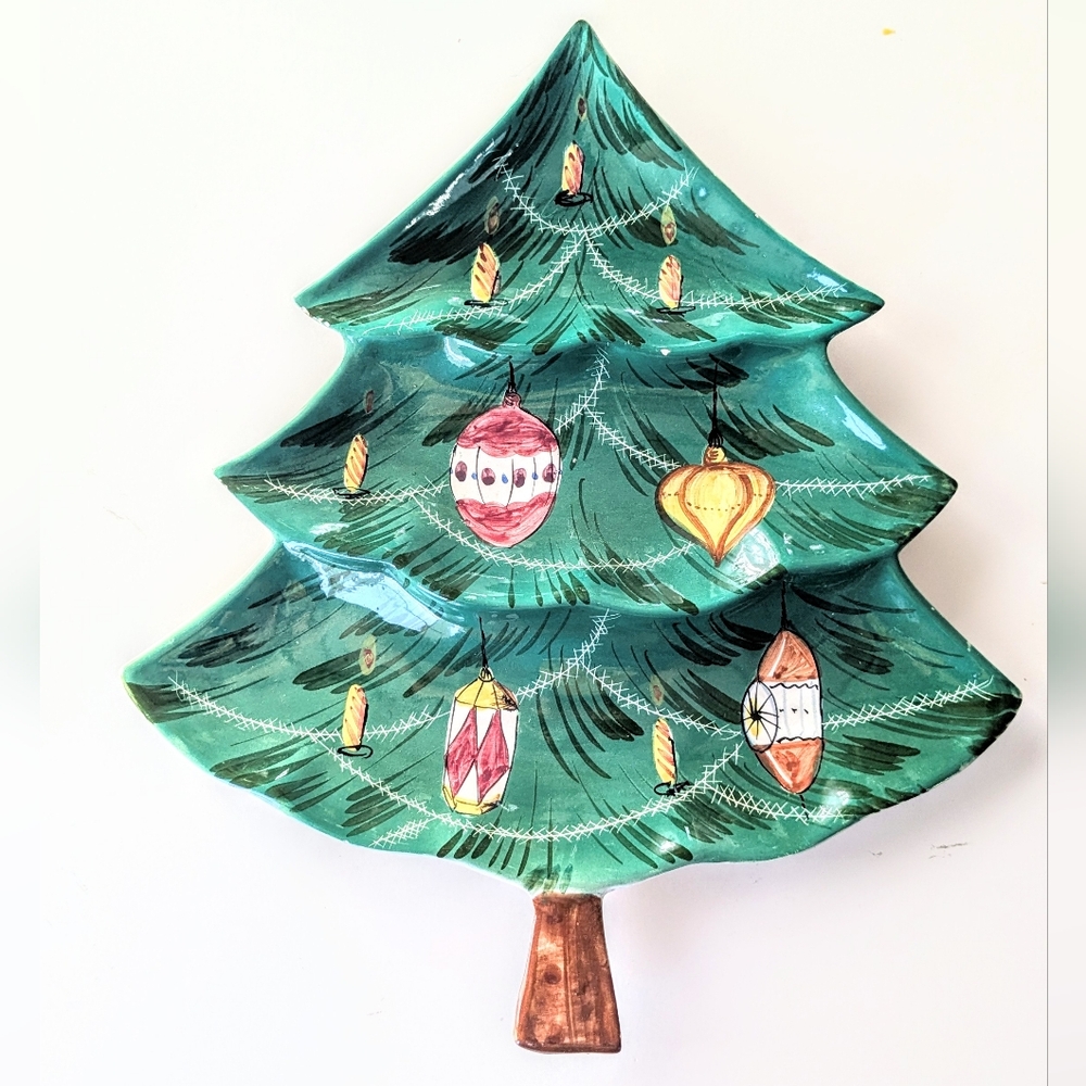 Vintage Made in Italy Ceramic Hand-Painted Christmas Tree Shaped Divided Tray